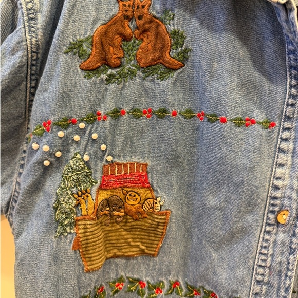 VTG 90s Christmas Noah’s Ark Embroidered Denim Button Up - Picture 2 of 6